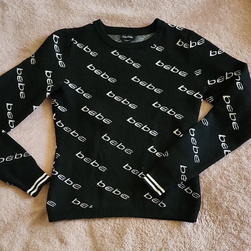 Bebe Black and White Logo Knit Top